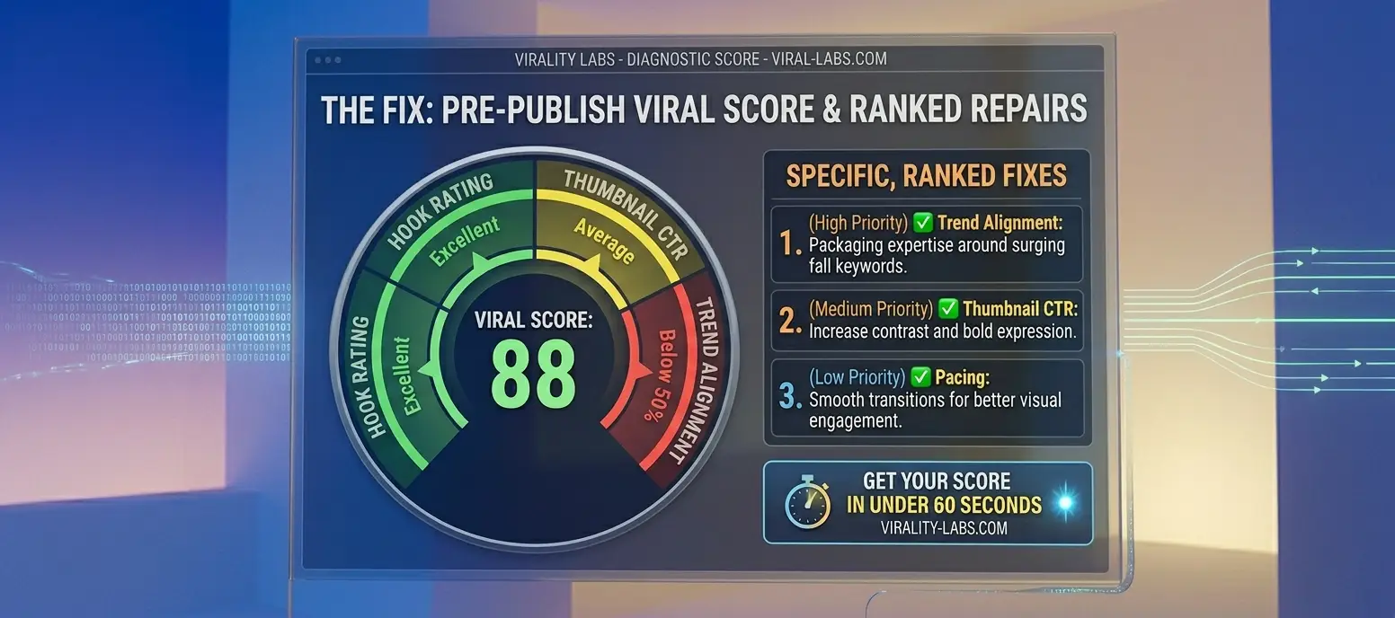 Virality Labs results dashboard — viral score, hook score, trend pulse and critical fixes