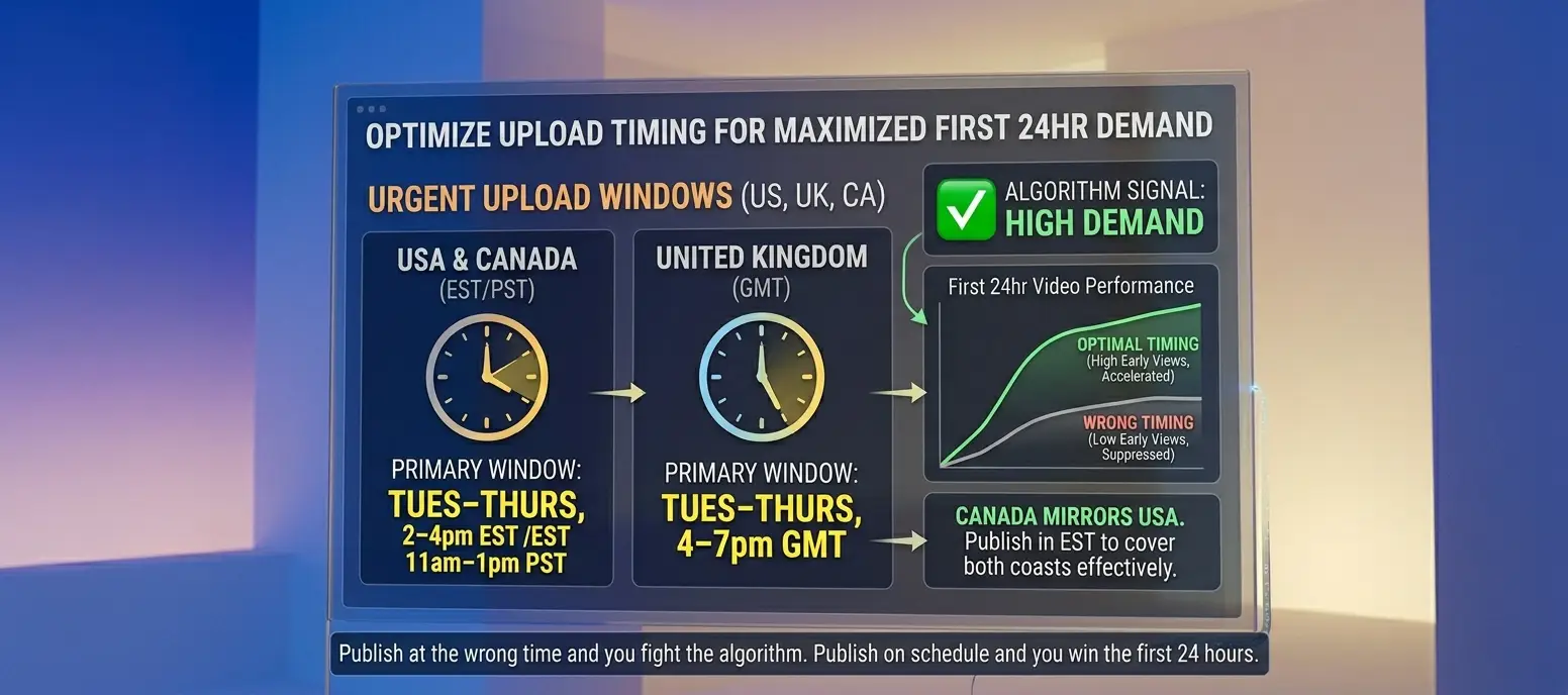 Best upload times heatmap for USA, UK and Canada markets